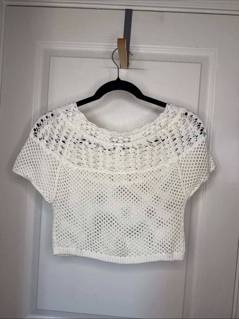 Anthropologie Cream Open-Weave Cropped Knit Top